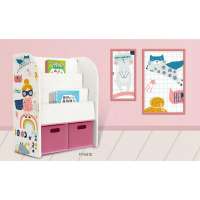 Toffy & Friends kids wooden bookcase magazine shelf with storage cubes in Super Girl design